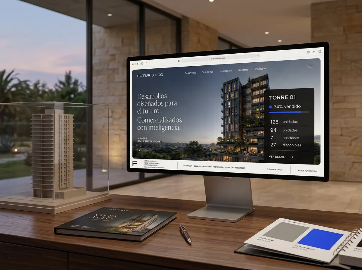 Sitio web de Vista Alto en pantalla, junto a la maqueta y muestras de materiales
