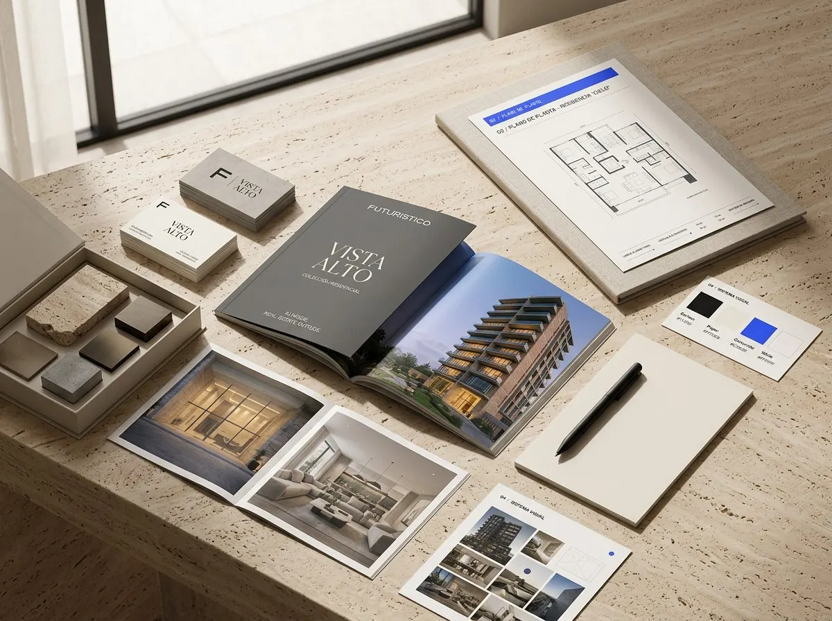 Identidad de Vista Alto: brochure, tarjetas con el monograma, planos y un dossier abierto