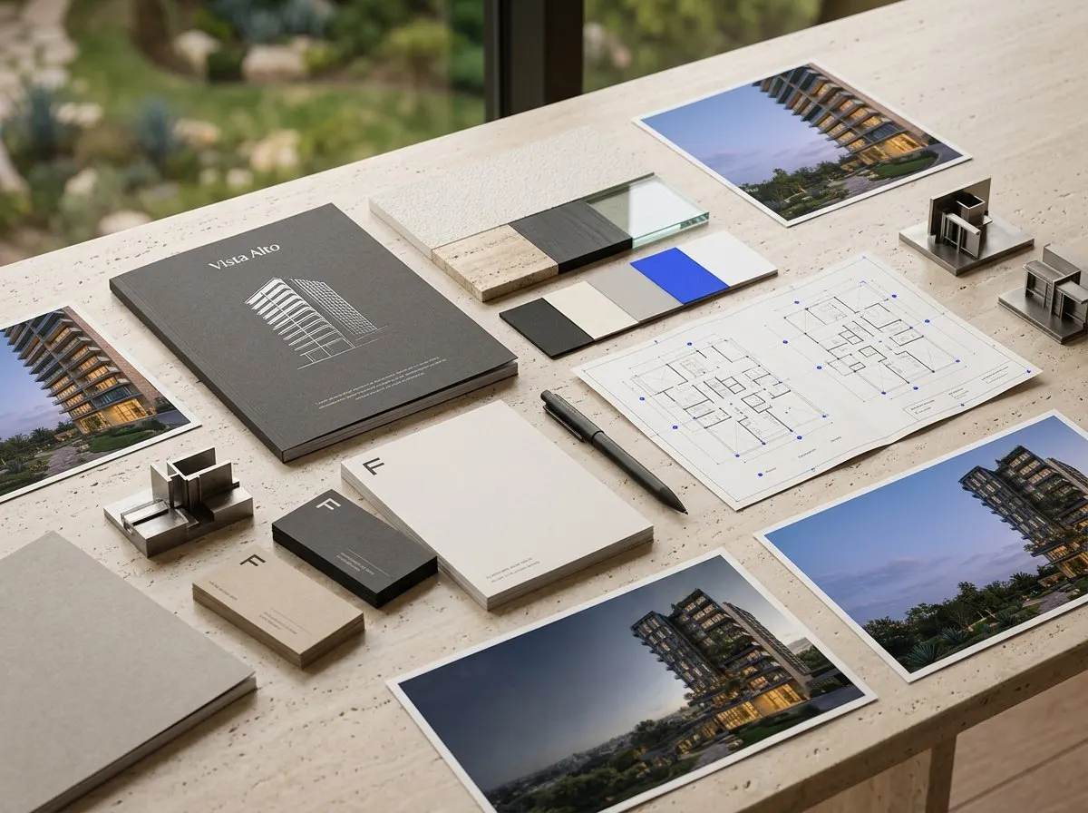 Collateral de marca de Vista Alto: brochure, papelería, planos y muestras de materiales