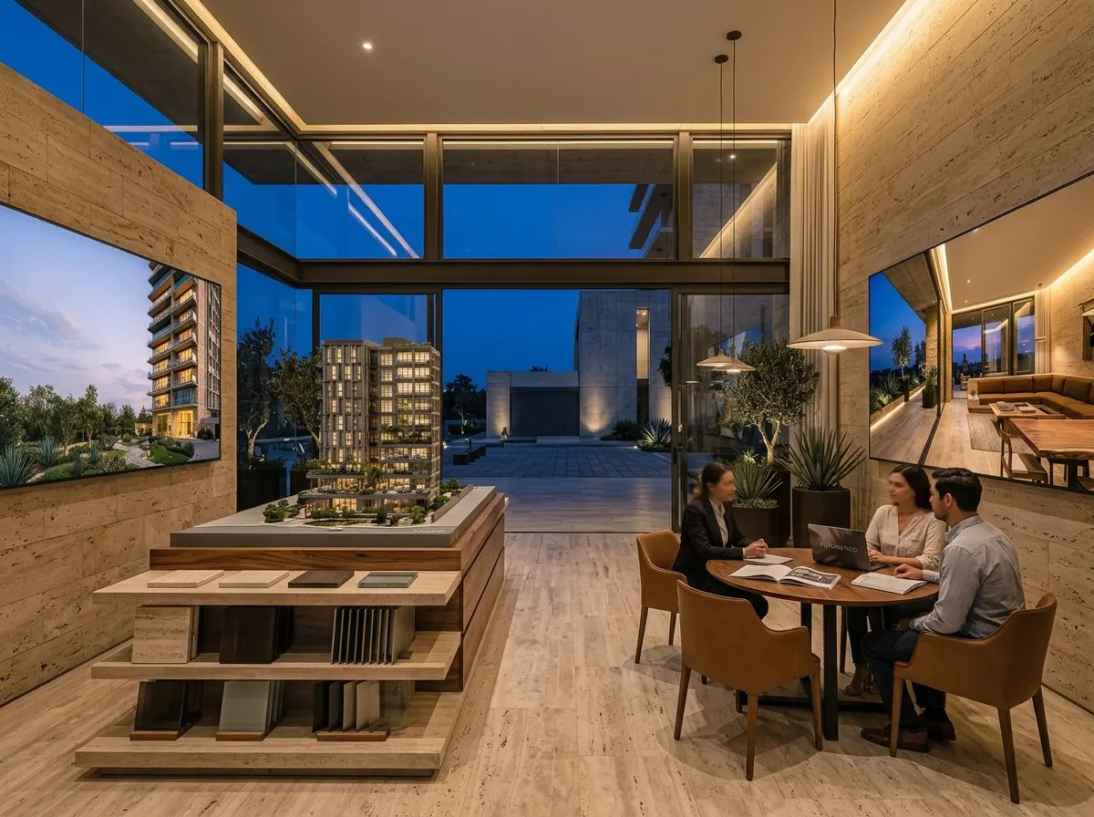 Sala de ventas de Vista Alto con maqueta del desarrollo y una asesora atendiendo a una pareja